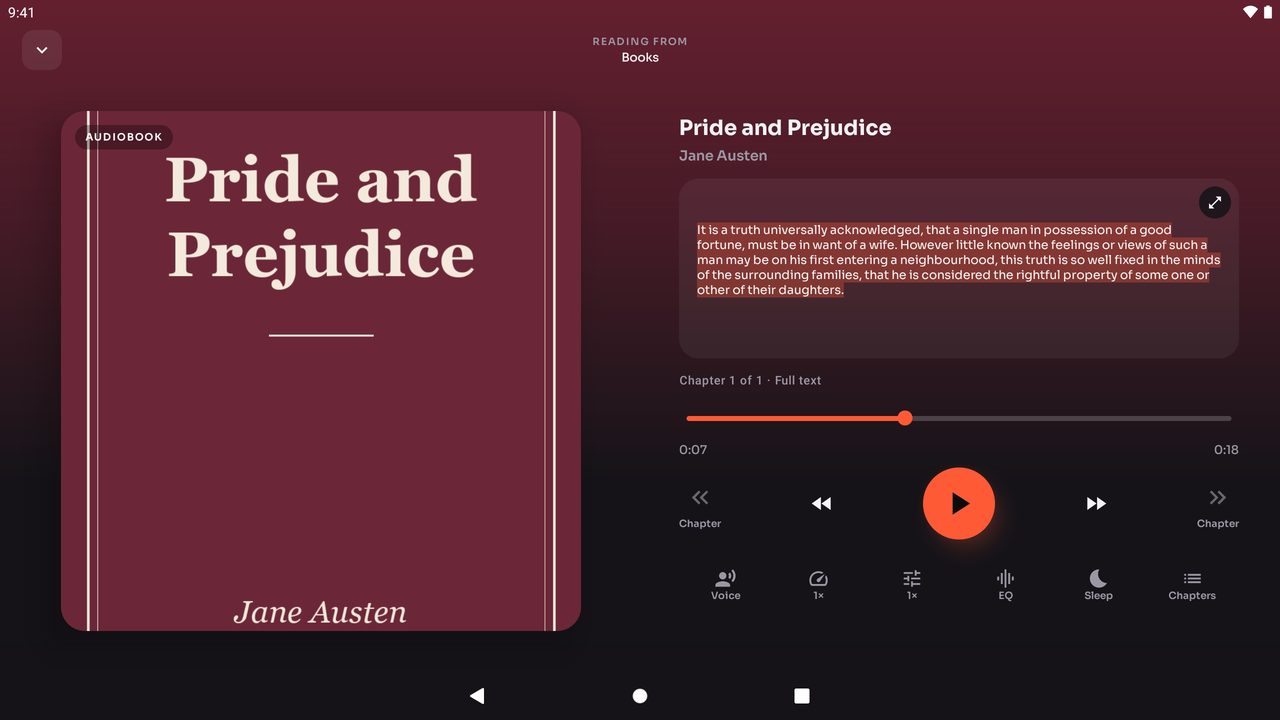 Audex on a tablet reading a book aloud, with the cover beside the highlighted text